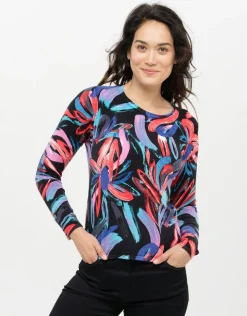 Pull noir rose à motifs